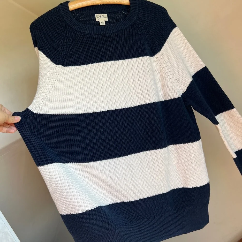 J. Crew Cotton Ribbed Sweater XL Men Navy White Striped Crewneck Pullover Preppy